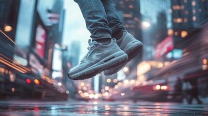 Urban Leap.  A person's feet leap in mid-air above a bustling city street, captured in a dynamic, motion-blurred perspective. 