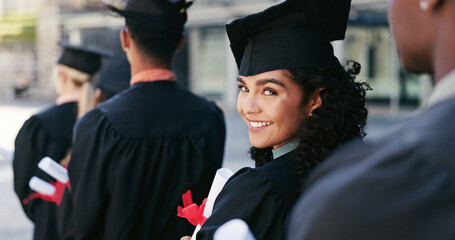 Portrait, happy and student at graduation of ceremony for education diploma, achievement and milestone. Proud, woman or success of university award, announcement and learning goals of academic degree