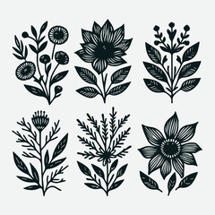 Hand-Drawn Botanical Flower Line Art Illustrations Nature Design Set, Botanical Line Art Flower Illustrations Set