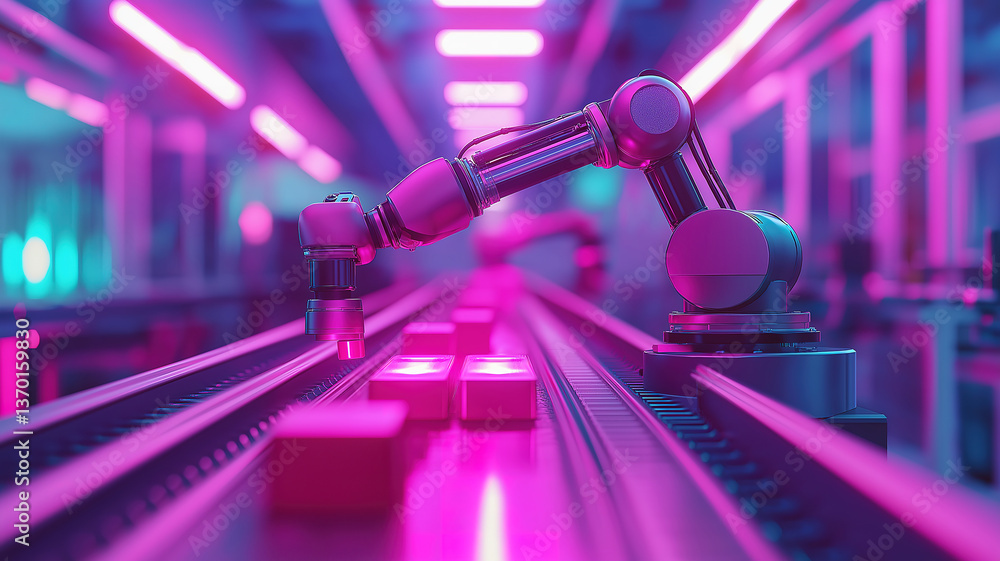 Poster automated robotic arms efficiently packaging goods on conveyor belt in factory setting