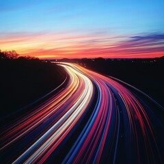 Naklejka premium Colorful Light Trails On Highway At Sunset