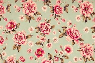Beautiful floral pattern with pink roses and daisies on a soft green background creating a vintage vibe