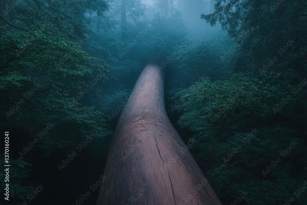 Poster mysterious forest landscape with a fallen tree in calming fog