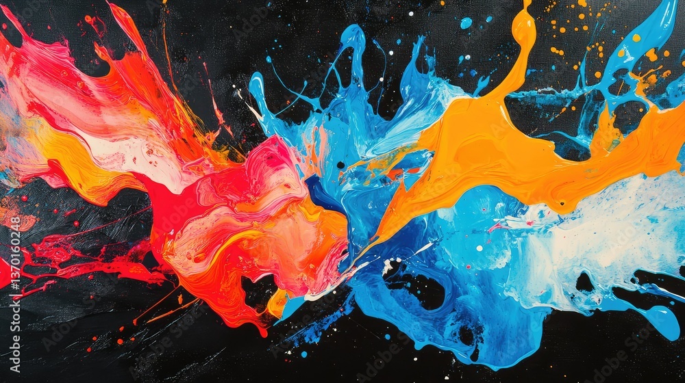 Poster vibrant abstract art with splashes of color on a black background creating a dynamic and energetic v