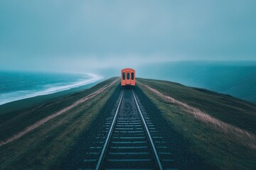 Colorful train travels along scenic coastal railway under a misty sky
