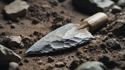 Isolated Stone Age Arrowhead on Dirt, Authentic Primitive Tool