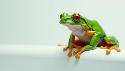 Obraz premium Green tree frog perched on white, vibrant skin, isolated, leaping