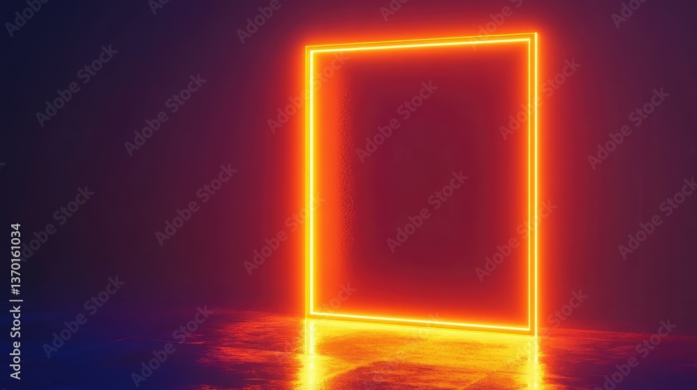 Poster a glowing neon frame in a dark ambient space, creating a mysterious and futuristic atmosphere with v