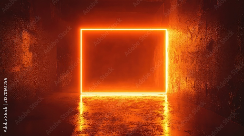 Poster a vibrant neon orange rectangle illuminating a dark foggy corridor, creating a futuristic and myster