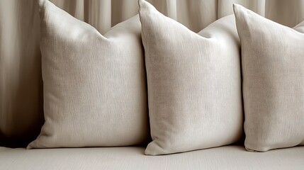 Three white pillows rest neatly against a draped fabric backdrop