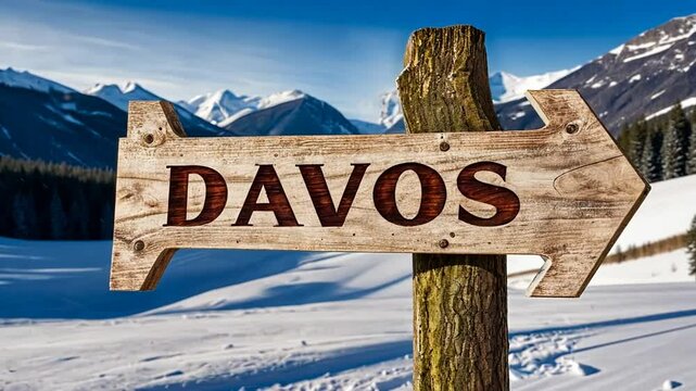 Davos Switzerland: Wooden Signpost Guiding to Snowy Mountain