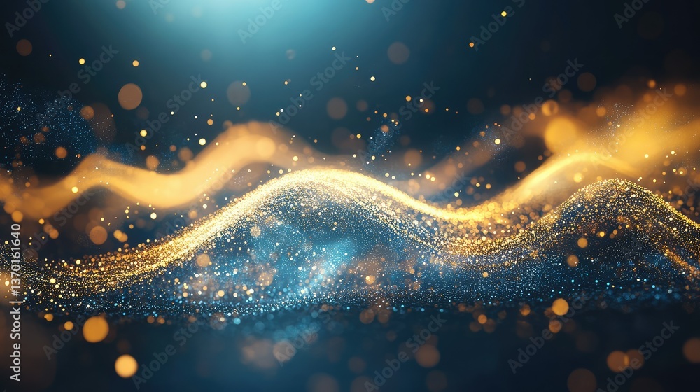Poster abstract golden wave pattern with sparkling particles and vibrant colors creating a dreamy and ether