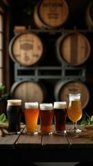Obraz premium Variety of beer styles in pint glasses arranged on rustic wooden table with barley and hops, beer barrels in background.