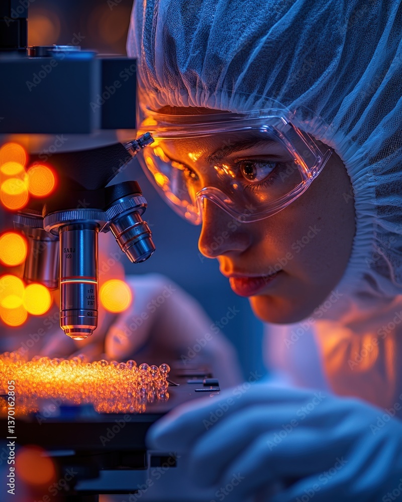 Poster female scientist intently using a microscope in a brightly lit lab, examining samples. a close-up sh