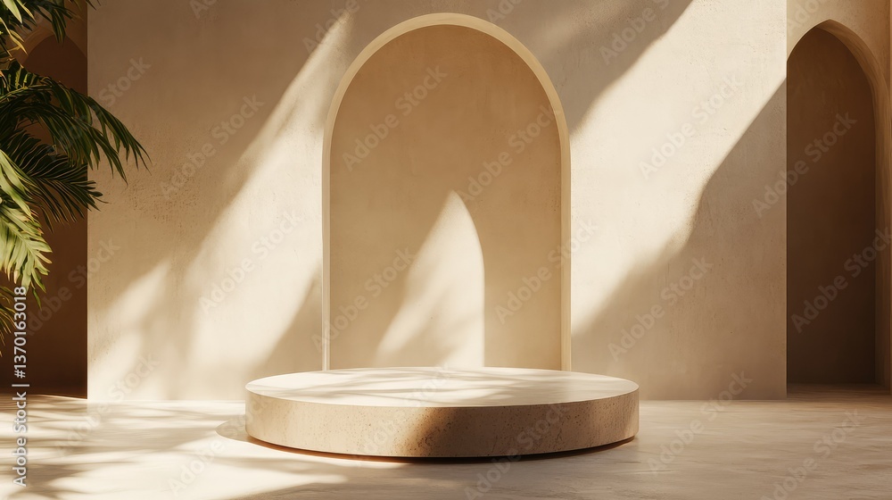 Aufkleber minimalist interior scene with soft shadows and arched architecture, featuring a circular platform s