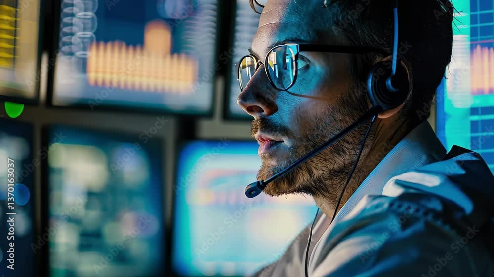 Poster dedicated analyst monitoring data trends in a tech hub at night with multiple screens displaying fin