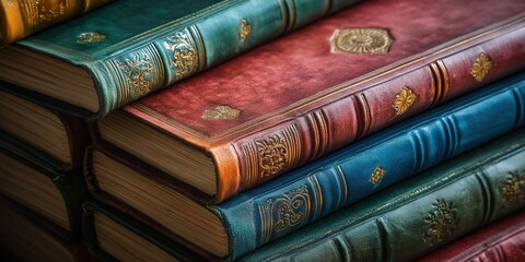 Stack of ornate vintage books with intricate gold detailing on their spines.