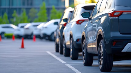 A row of parked vehicles in a modern setting, showcasing a variety of colors and styles, with cones indicating parking areas.