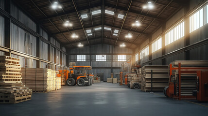 Fototapeta premium Warehouse interior featuring lumber stacks and heavy machinery under bright industrial lighting