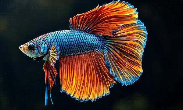 Captivating blue and orange betta fish swimming gracefully in a dark water aquarium