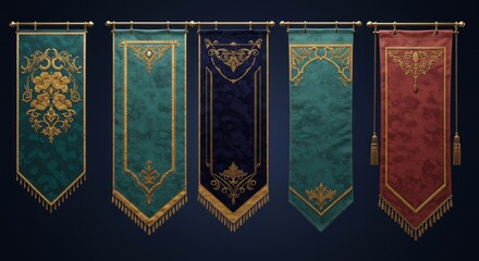Ornate Banners with Intricate Gold Detailing for Medieval or Fantasy Decor