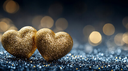 Fototapeta premium Two golden glittery hearts nestle together against a bokeh-lit shimmering background evoking feelings of love and celebration.