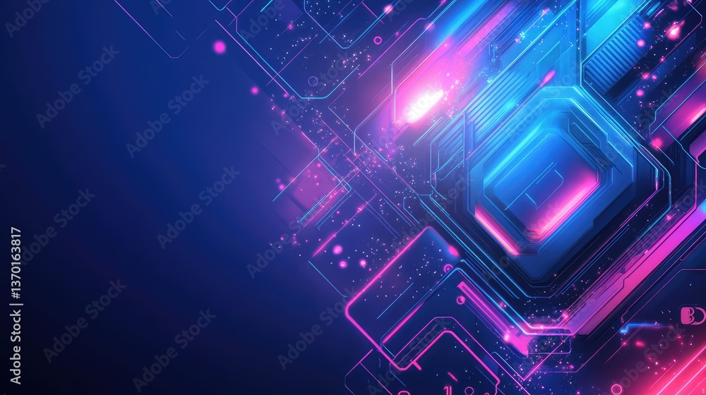 Poster futuristic abstract technology background with neon colors, geometric patterns, and glowing elements