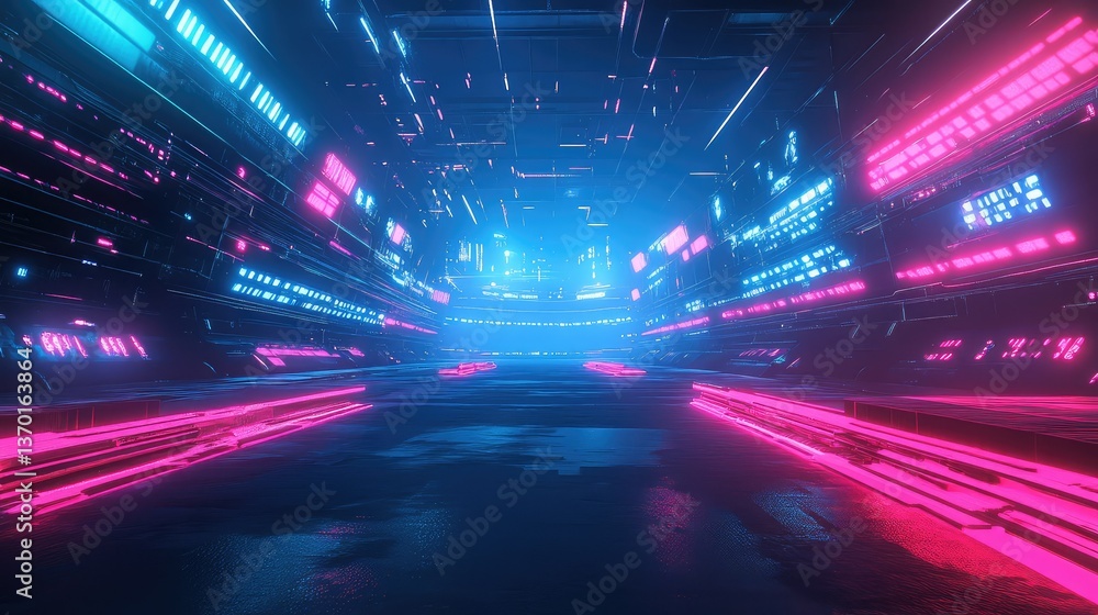 Aufkleber futuristic digital environment featuring neon lights and abstract patterns in blue and pink, capturi