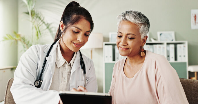 Woman, doctor and senior patient on tablet in office for good news, research and online results of diagnosis. People, digital and healthcare report, insurance checklist and treatment plan for medical