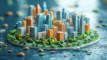 Colorful Miniature City Model on a Green Base with Water Background