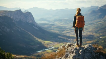 Naklejka premium Hiker enjoying mountain vista. A female hiker stands atop a mountain peak, gazing at a vast valley, showcasing a serene and breathtaking mountain landscape