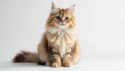 Obraz premium Fluffy Persian cat sits on white background, looking directly at camera, isolated background, photography, pet