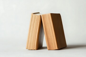 Two closed books leaning against each other on a white background, book mockup and wooden texture