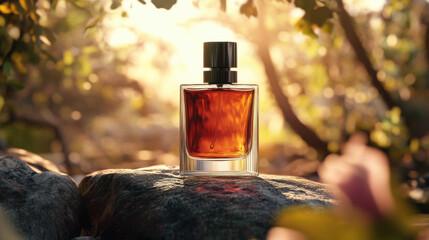 Perfume Bottle on a Rock in a Forest Setting