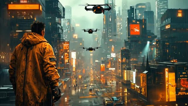 Futuristic cityscape with drones and rain, urban scene, possible use in a sci-fi film poster