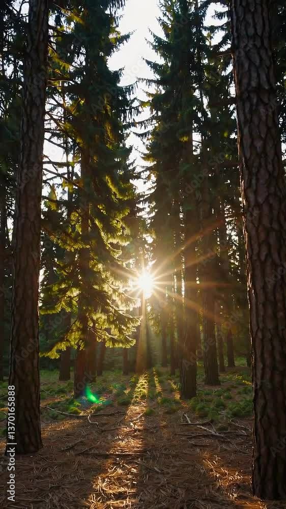 Aufkleber Sunlight streaming through forest trees creating dynamic nature shadows