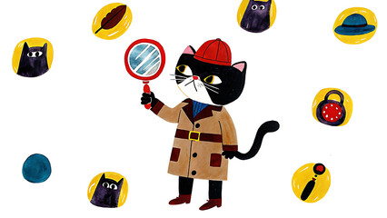 A dapper feline detective meticulously investigates a trail of clues, each a whimsical yellow circle hinting at a mystery, in a playful, hand-painted style.