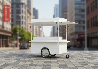 Food Cart Mockup design. close up view Blank white food cart mockup in a Road with blurred beautiful city
