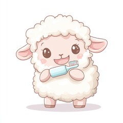 Fototapeta premium Cute sheep brushing teeth. A cartoon sheep with a toothbrush in its paws, brushing its teeth. The sheep is adorable and smiling, showing a focus on oral hygiene