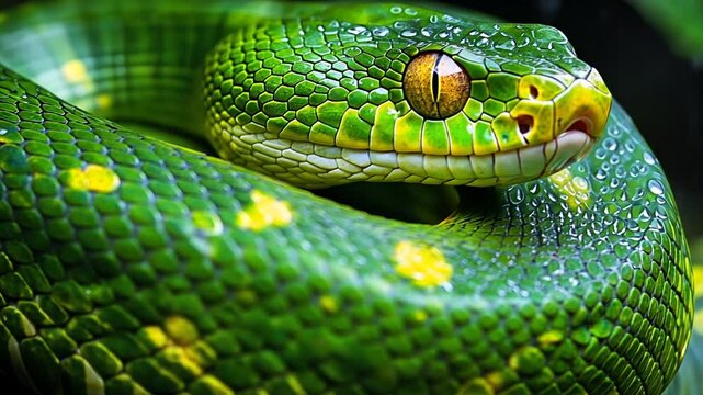 Green Tree Python Coiled Close-Up Displaying Vibrant Scales and Striking Yellow Eyes
