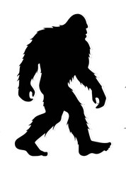 Fototapeta premium A black and white silhouette of a bigfoot walking with a dark background in a simple illustration