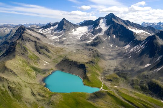 Glacial lake at foot of jagged, snow-capped mountain peaks
