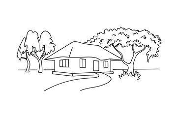Naklejka premium Simple House Drawing, Trees, Landscape, Pathway, Sketch, Home Design, Architecture, Line Art, Black 