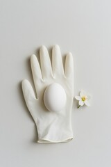 Minimalist Easter Concept with White Egg in Medical Glove and White Flower