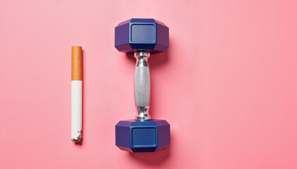 Dumbbell and cigarette on a pink background for health blogs, fitness websites, educational materials, smoking cessation campaigns, wellness blogs, and lifestyle design projects