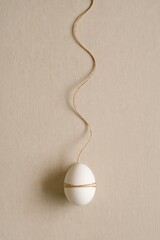 Minimalist Easter Composition with White Egg Wrapped in Natural Twine on Beige Background