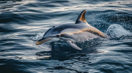Naklejka premium Majestic Dolphin Leaping Above Calm Ocean Waves at Sunset