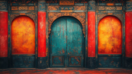Ornate antique door with colorful archways and detailed architectural design.