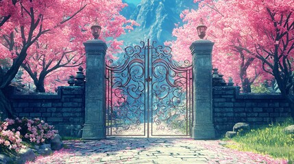 A grand, ornate wrought-iron gate opens into a serene, blossoming garden