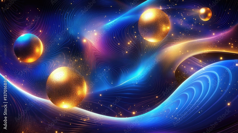 Poster abstract cosmic background with glowing spheres and flowing colorful waves, creating a dreamy and fu